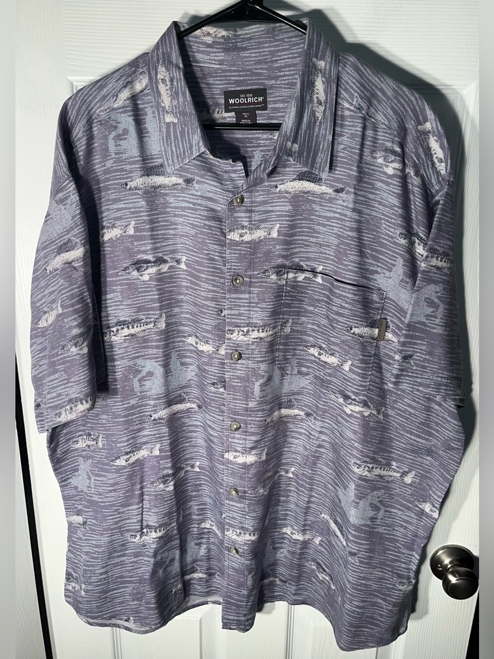 Woolrich Fish Shirt River Fisherman Short Sleeve Button Shirt Size XL Vintage